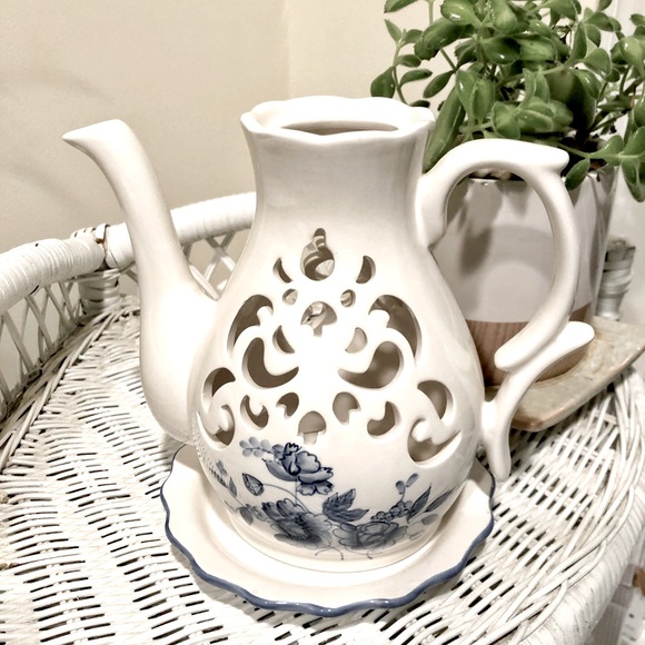 Vintage Candle Holder Ceramic White Blue Floral